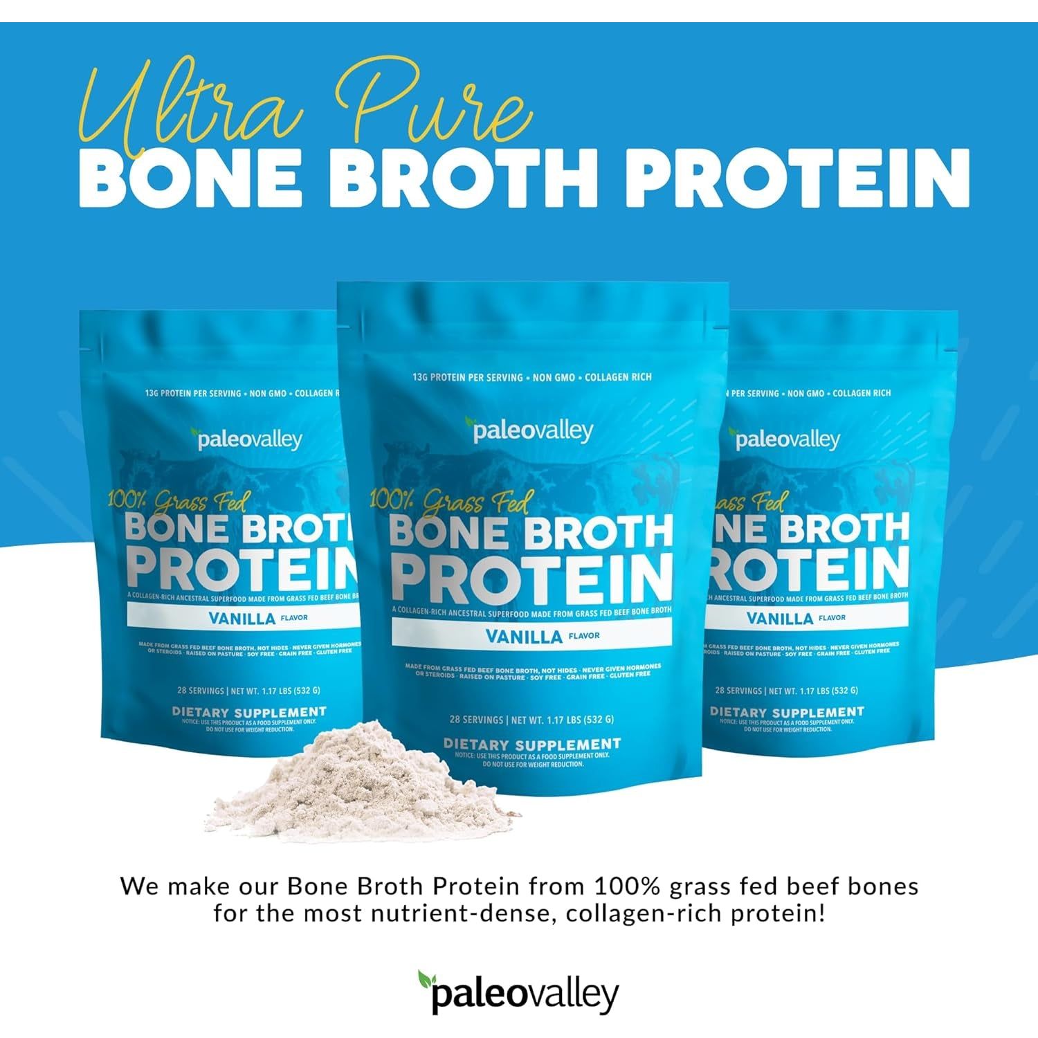 Paleovalley 100% Grass Fed Bone Broth Protein Powder - Vanilla - 28 Servings