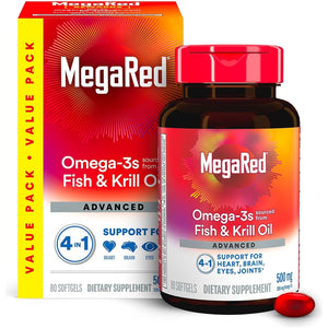 Megared Omega-3 Fish Oil + High Absorption Krill Oil 500Mg Softgels (80 Count)