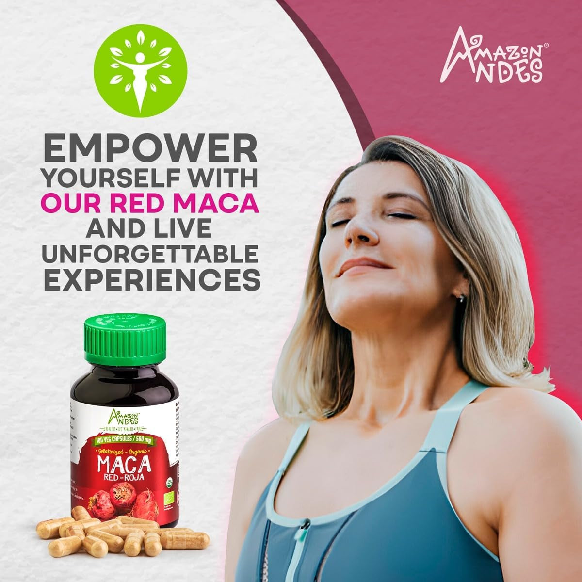 Amazon Andes Red Maca Root Capsules - Female Health Supplement - 100 Vegan Pills (1500Mg) - Made in Peru