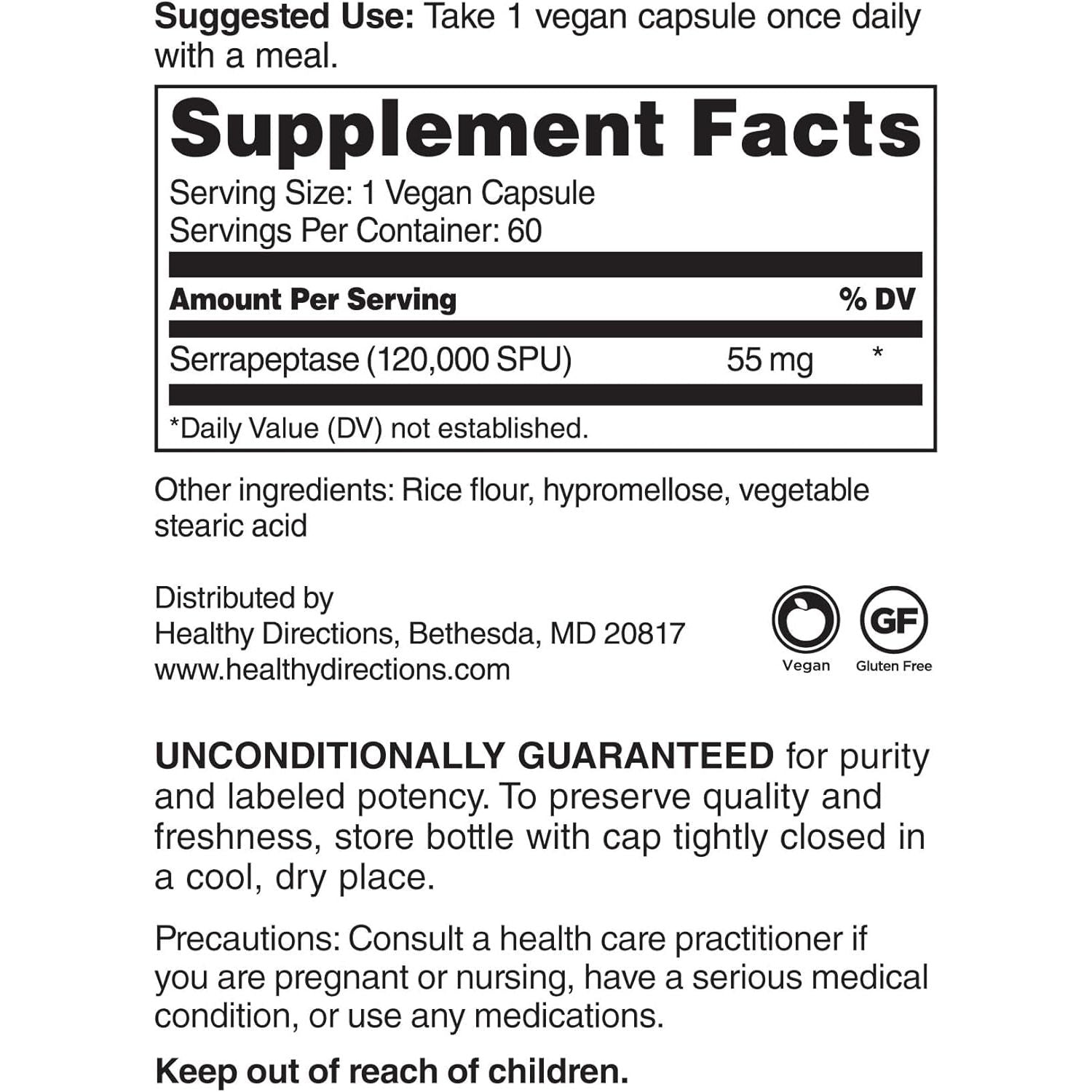 Healthy Directions Serrapeptase—120,000 Spu/Serving, 60 Vegan Capsules