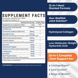 Joint Support, Glucosamine Chondroitin MSM with Turmeric & Boswellia, No Shellfish, Joint Flexibility & Comfort, Non-Gmo, 90 Tablets