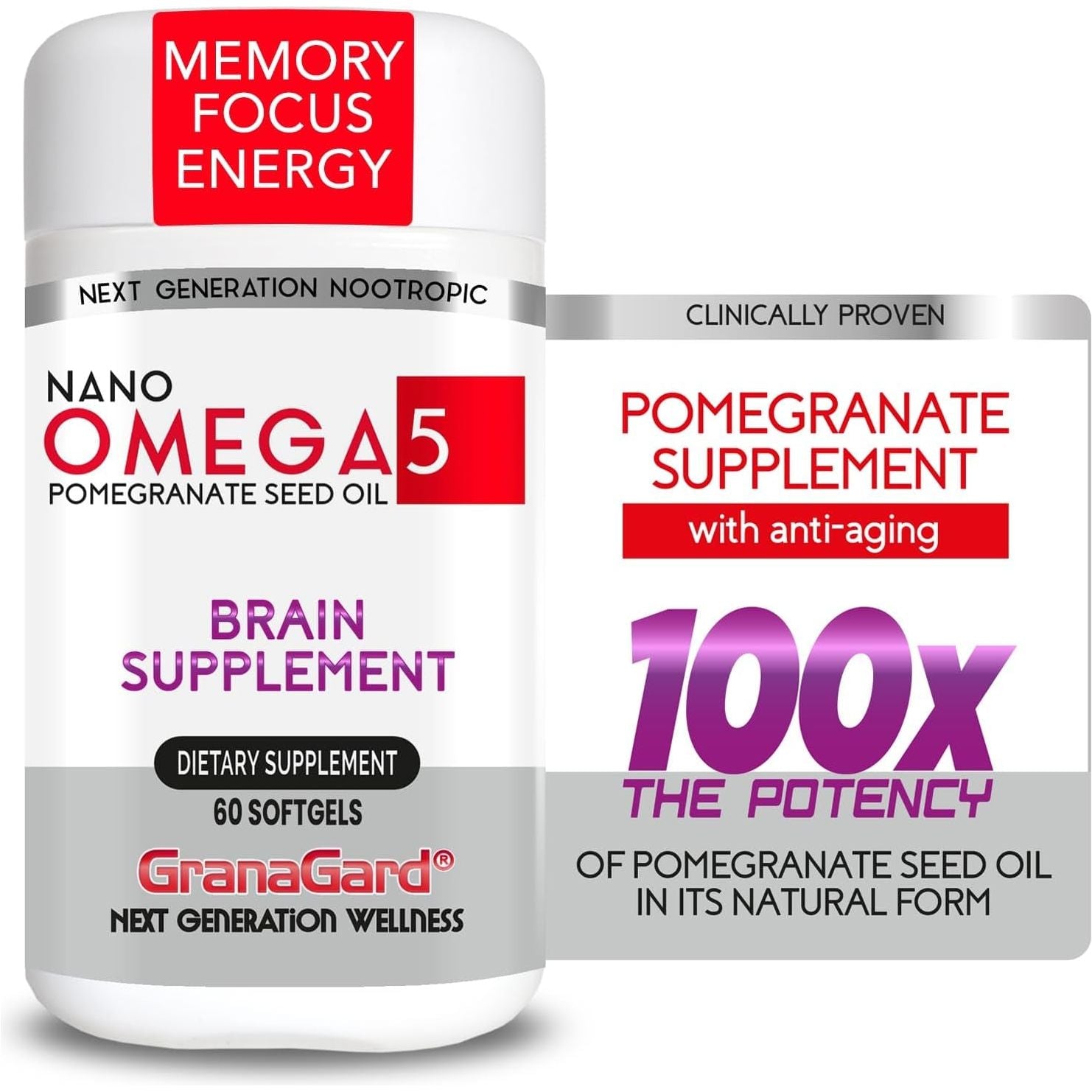Nano Pomegranate Supplement CLINICALLY Proven Brain Supplement with anti Aging 60 Count