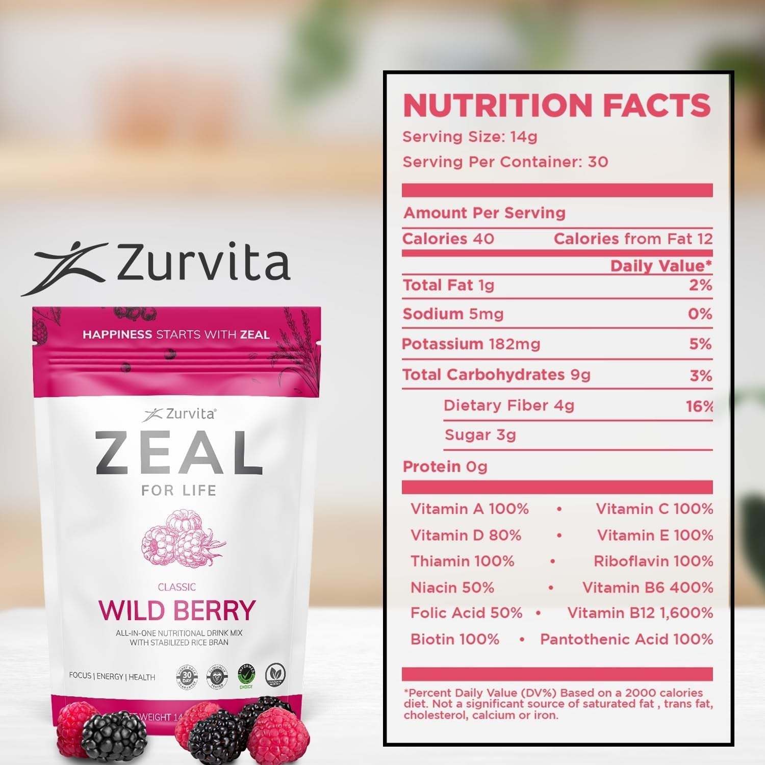 Zurvita - Zeal for Life 30-Day Wellness Bag - Nutritional Supplement for Vitality, Immunity, and Wellness - 420 Grams Wild Berry (Classic)
