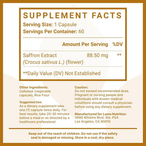 Luma Nutrition Saffron Extract Capsules 88.50 Mg - Mood Support - Eye Support - Made in the USA - 60 Capsules