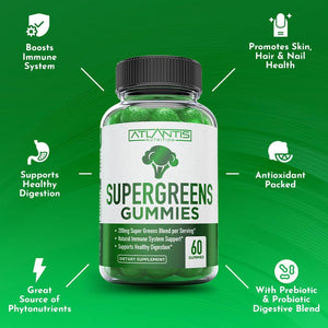 Atlantis Nutrition Supergreens Gummies - Daily Green Superfoods Supplement - Natural Raspberry Flavor, 60 Count