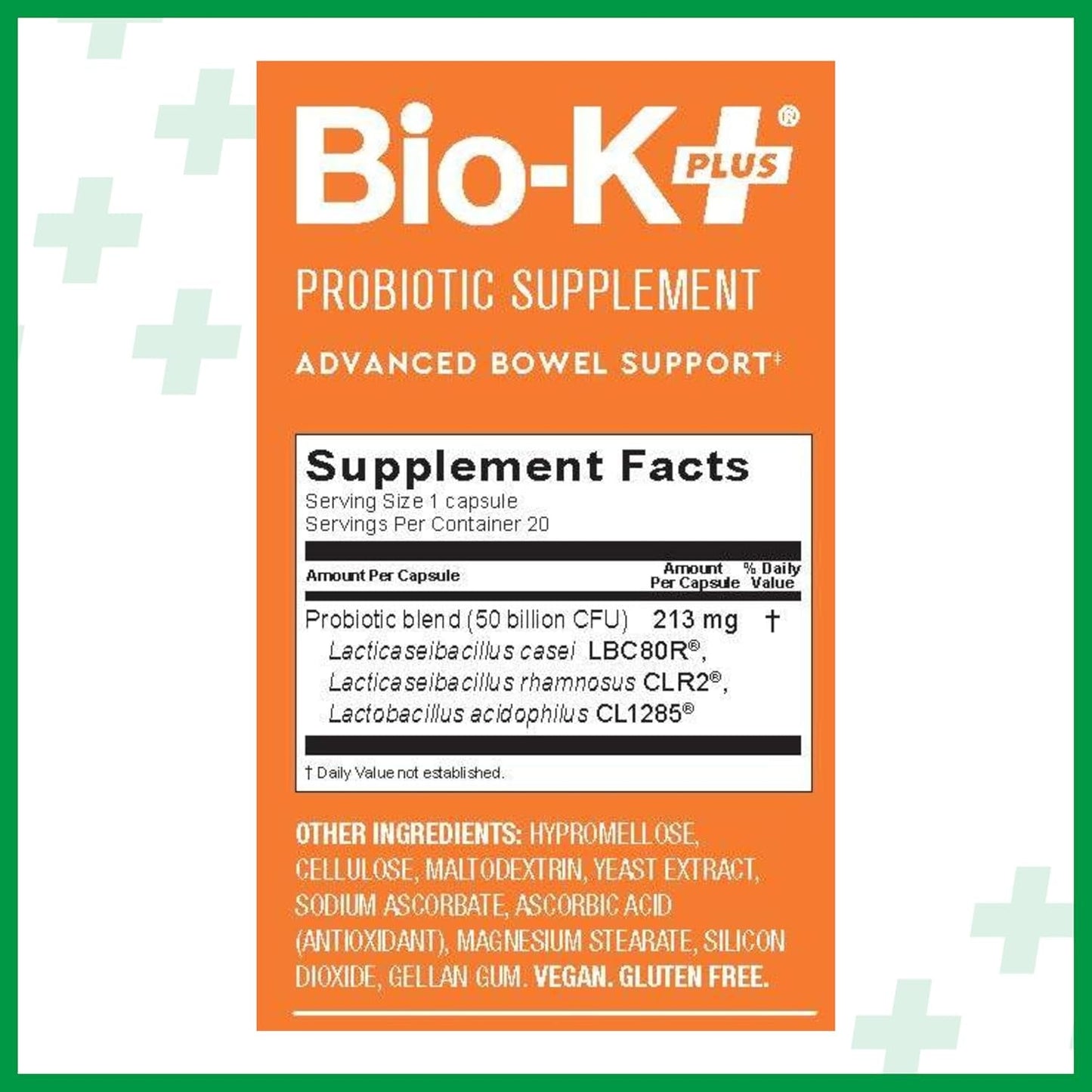 Bio K+ Advanced Bowel Support – Vegan Probiotic Supplement for Digestion Support 50 Billion CFU 3 Strains – 20 Capsules