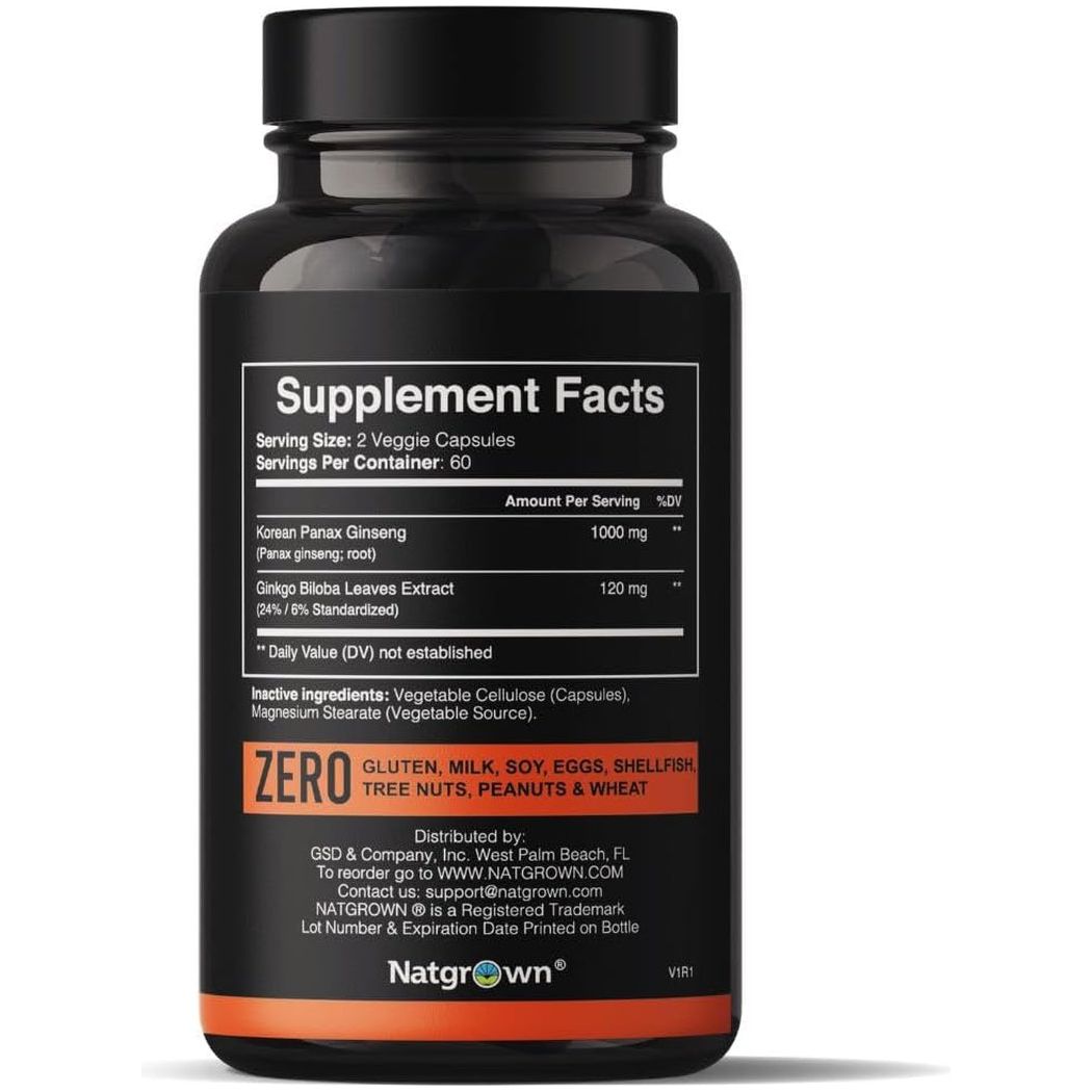 Natgrown Panax Ginseng & Ginkgo Biloba Supplement - Supports Memory Focus & Brain Function - 120 Count