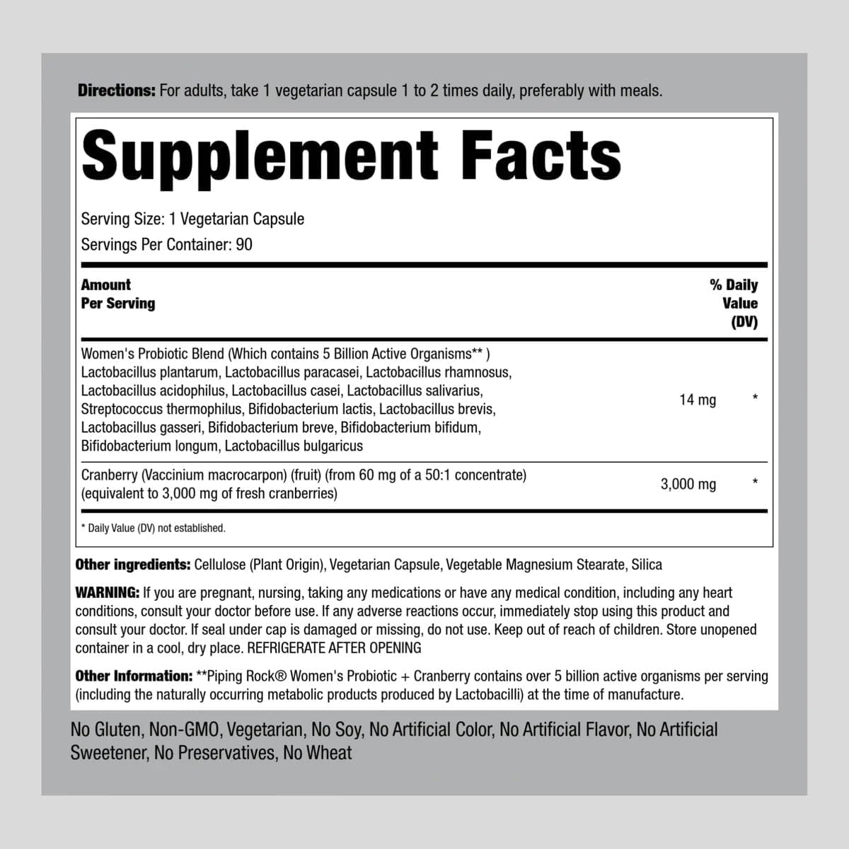 Piping Rock Probiotic with Cranberry for Women | 90 Capsules