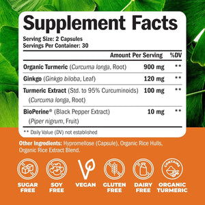 Turmeric Curcumin with Black Pepper and Ginkgo Biloba Supplements to Aid Joint Health, Brain Clarity. 60 Caps