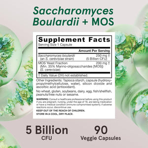 Jarrow Formulas Saccharomyces Boulardii Probiotics + MOS 5 Billion CFU Probiotic Yeast for Intestinal Health Support, 90 Capsules