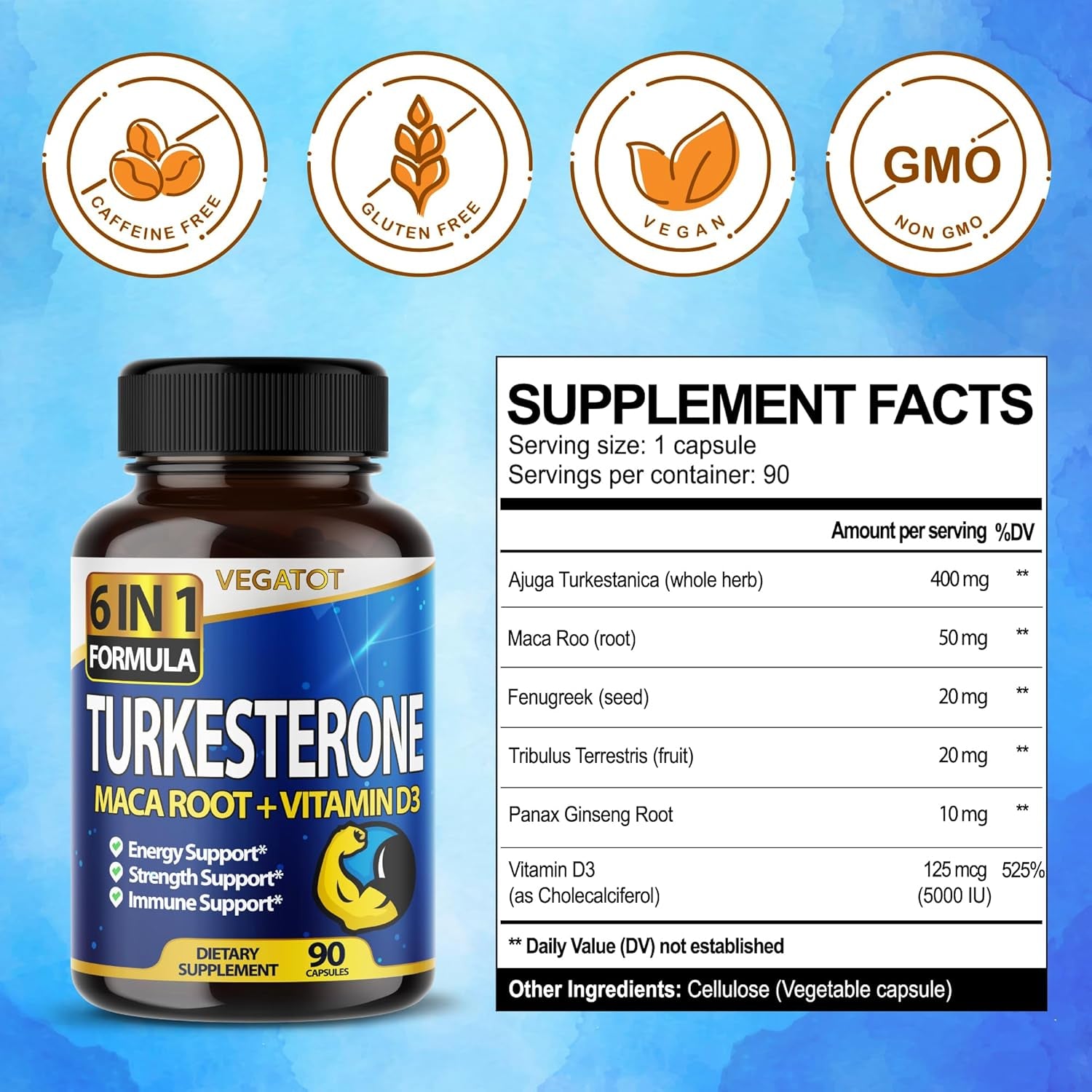 VEGATOT 6 in 1 High Strength Turkesterone Concentrated with Maca Root Fenugreek Tribulus (60 Count)