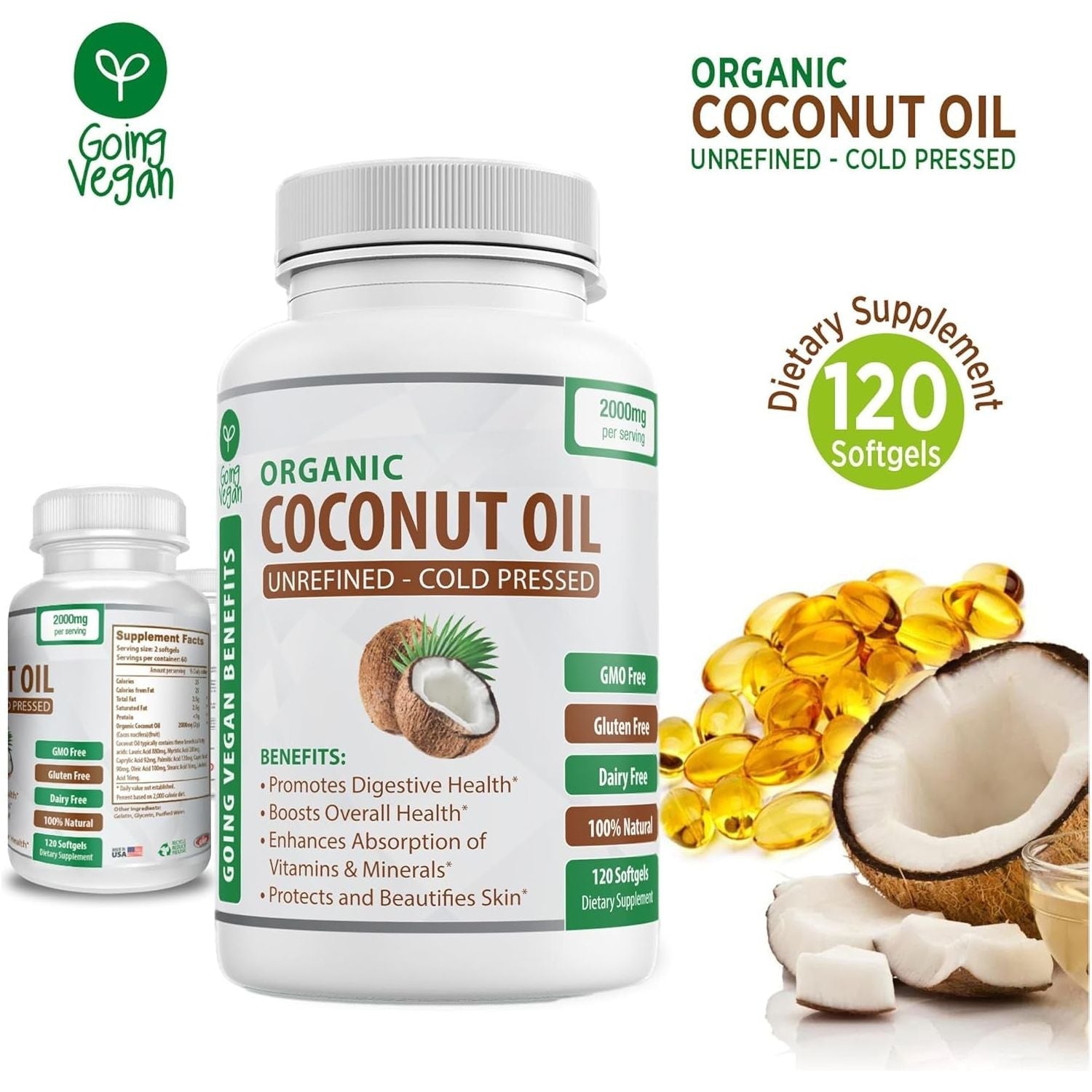 Organic Coconut Oil Capsules - Cold Pressed for Healthy Skin, Extra Hair Growth, Nail Care, Brain Booster - 120 Softgels/2000Mg