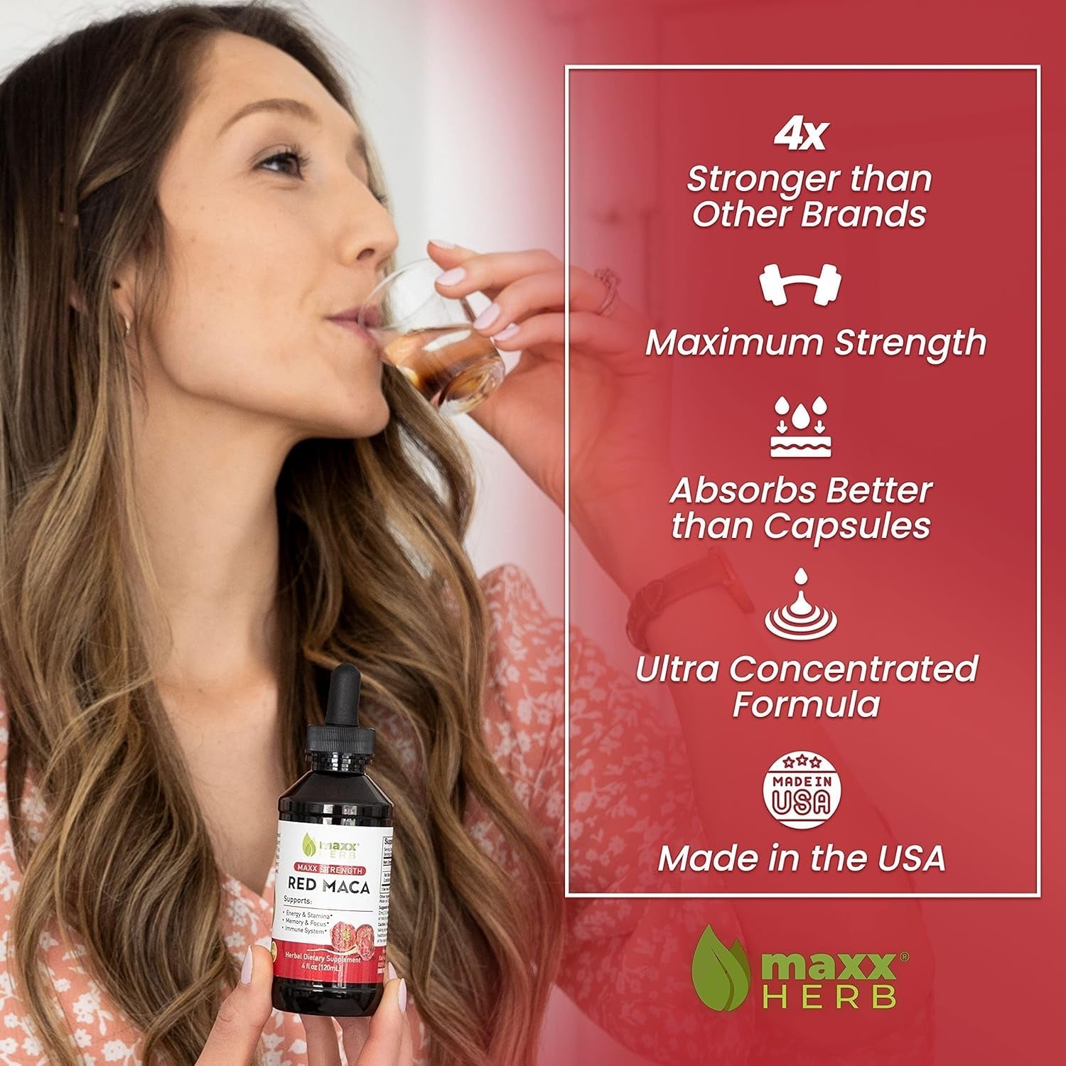 Maxx Herb Red Maca Root Extract - Max Strength Liquid Drops, for Stamina, Memory and Focus - 4 Oz Bottle (60 Servings)