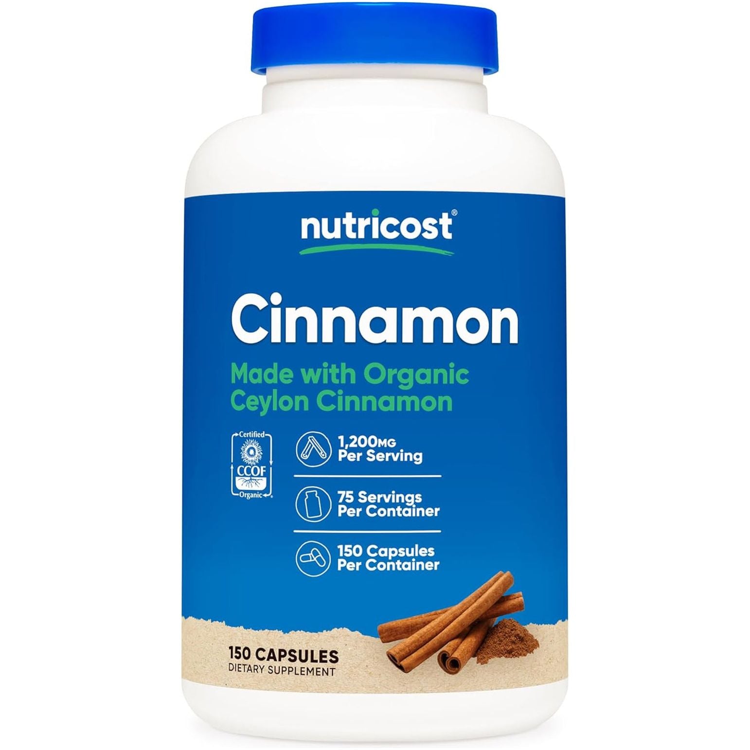 Nutricost Organic Cinnamon (Ceylon Cinnamon) 1,200Mg Serving, 150 Capsules - Gluten Free, Non-Gmo