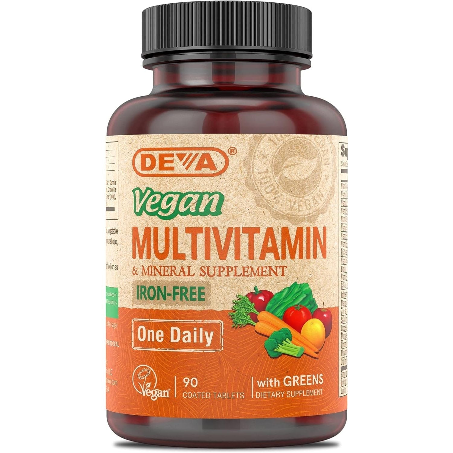 DEVA Vegan Multivitamin & Mineral Supplement Iron-Free - Green Whole Foods, 100% Vegan - 90 Count