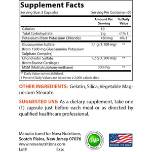 Nova Nutritions Triple Strength Glucosamine Chondroitin MSM 2600Mg/Serving, 180 Count