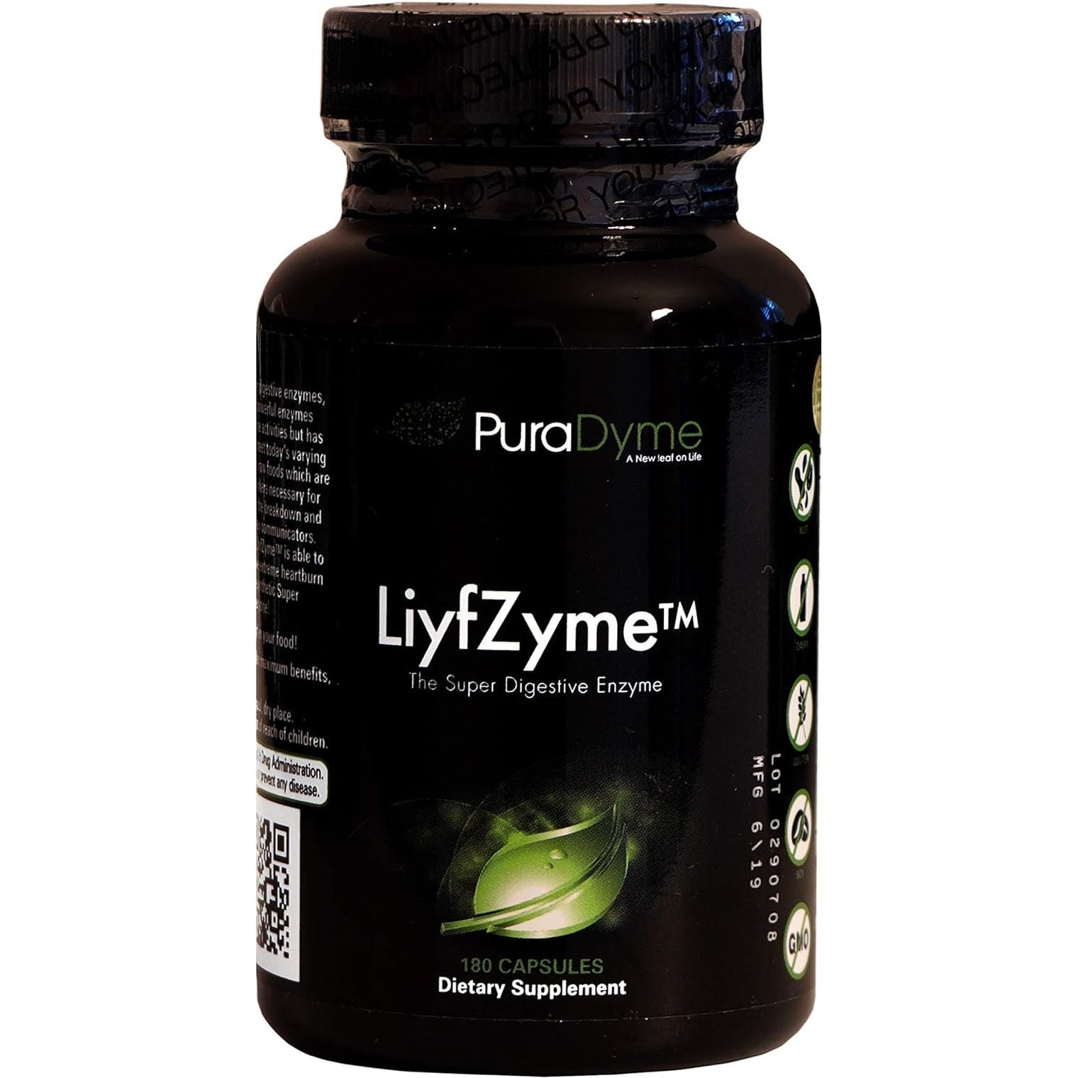 Liyfzyme Plant Based Digestive Enzyme Supplement - 180 Veggie Caps. Puradyme by Lou Cornoa.