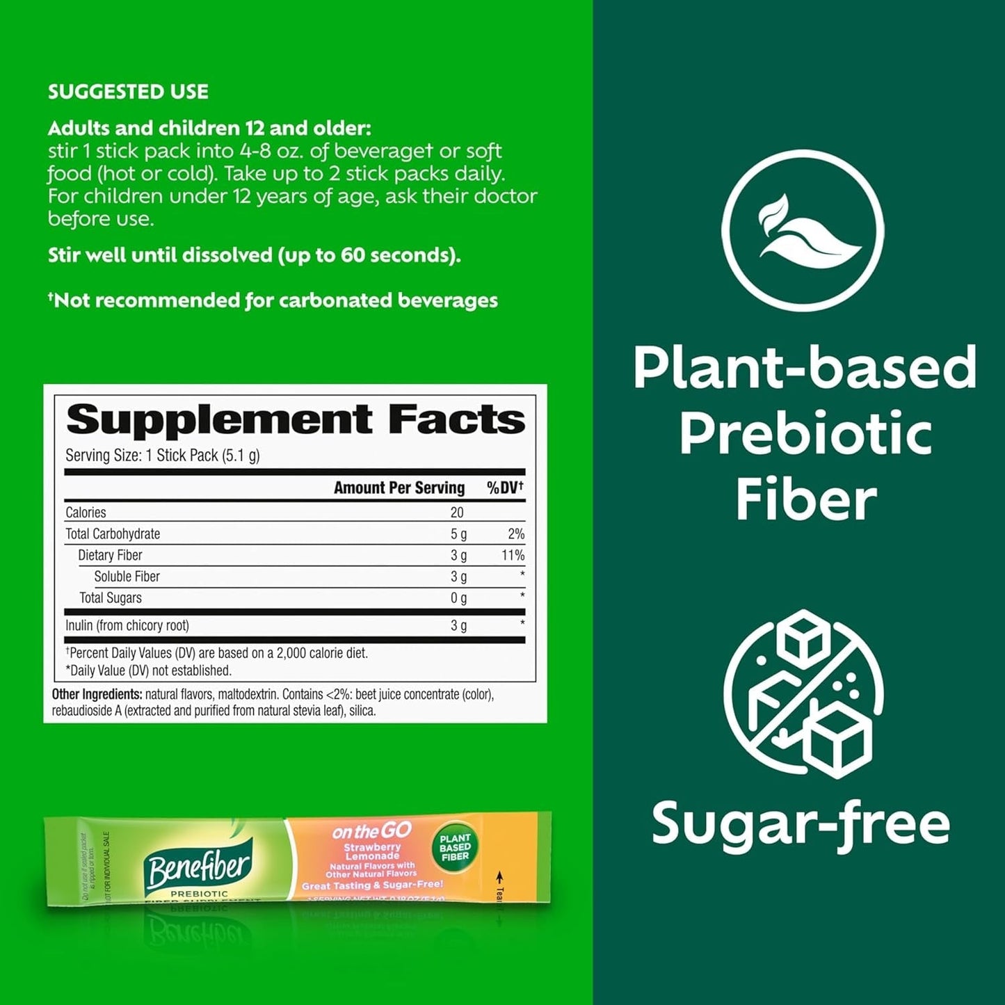 Benefiber Fiber Supplement, Strawberry Lemonade, on the Go Stick Packs, 36 Count