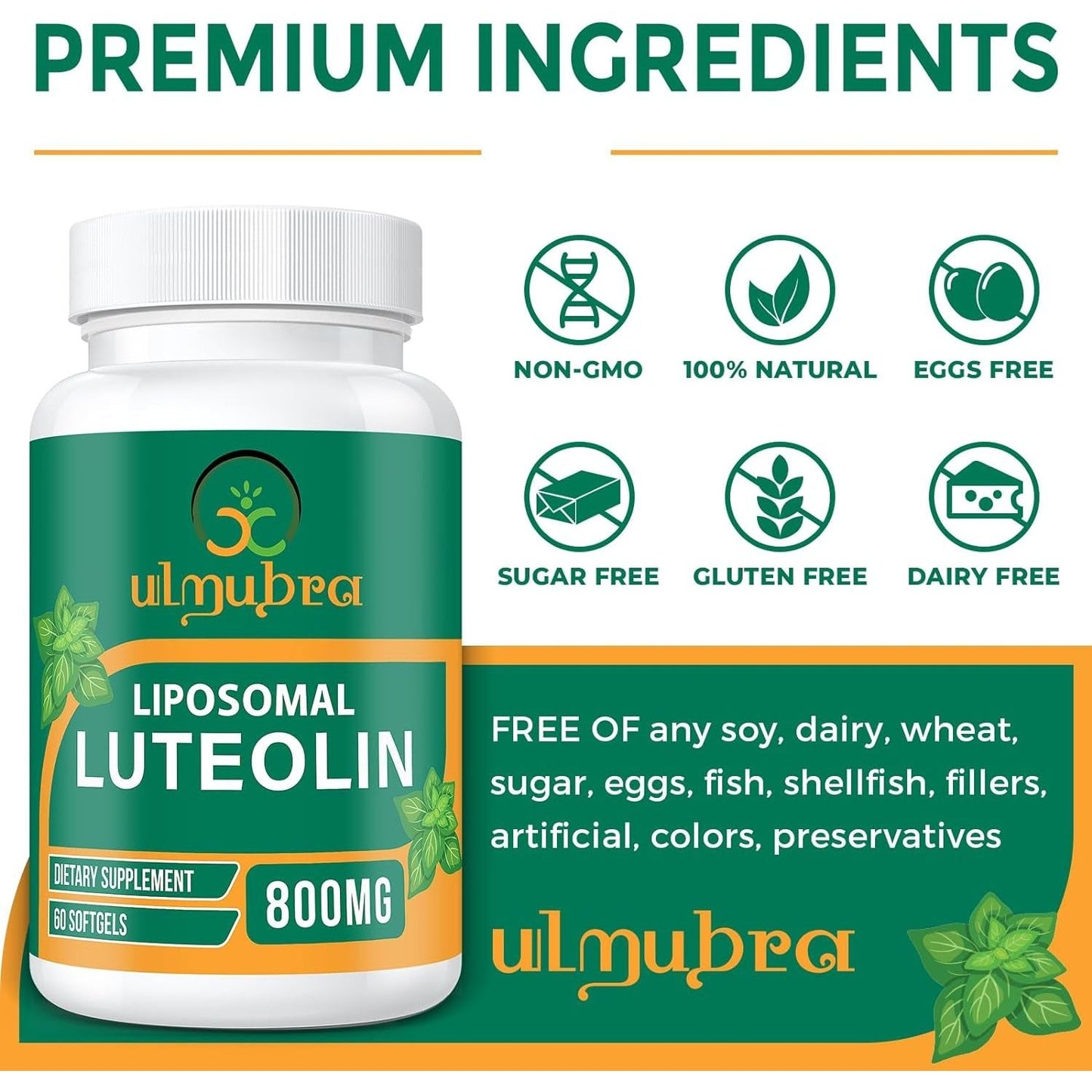 800 MG Liposomal Luteolin Supplement - Premium Antioxidant Supplement for Brain & Overall Well-Being 60 Softgels