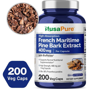 Nusapure French Maritime Pine Bark Extract 400Mg per Veggie Caps 200-Day Supply Bioperine Non-Gmo Vegan
