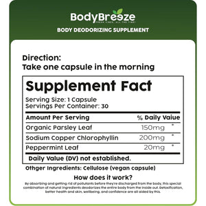 Internal Deodorant Supplement | Natural Chlorophyll for Body Odor Control, Gut Health, and Fresh Breath 30 Capsules