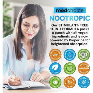 MEDCHOICE 11-In-1 Nootropic Brain Supplements for Memory, Focus and Brain Support 1321Mg, Stimulant Free, Vegan (60Count)