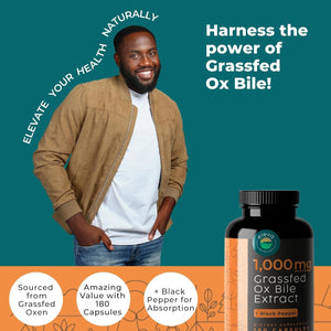 Grass-Fed Ox Bile Extract 1000Mg Bile Salts Supplements with Black Pepper. Supports Digestive Health - 180 Count