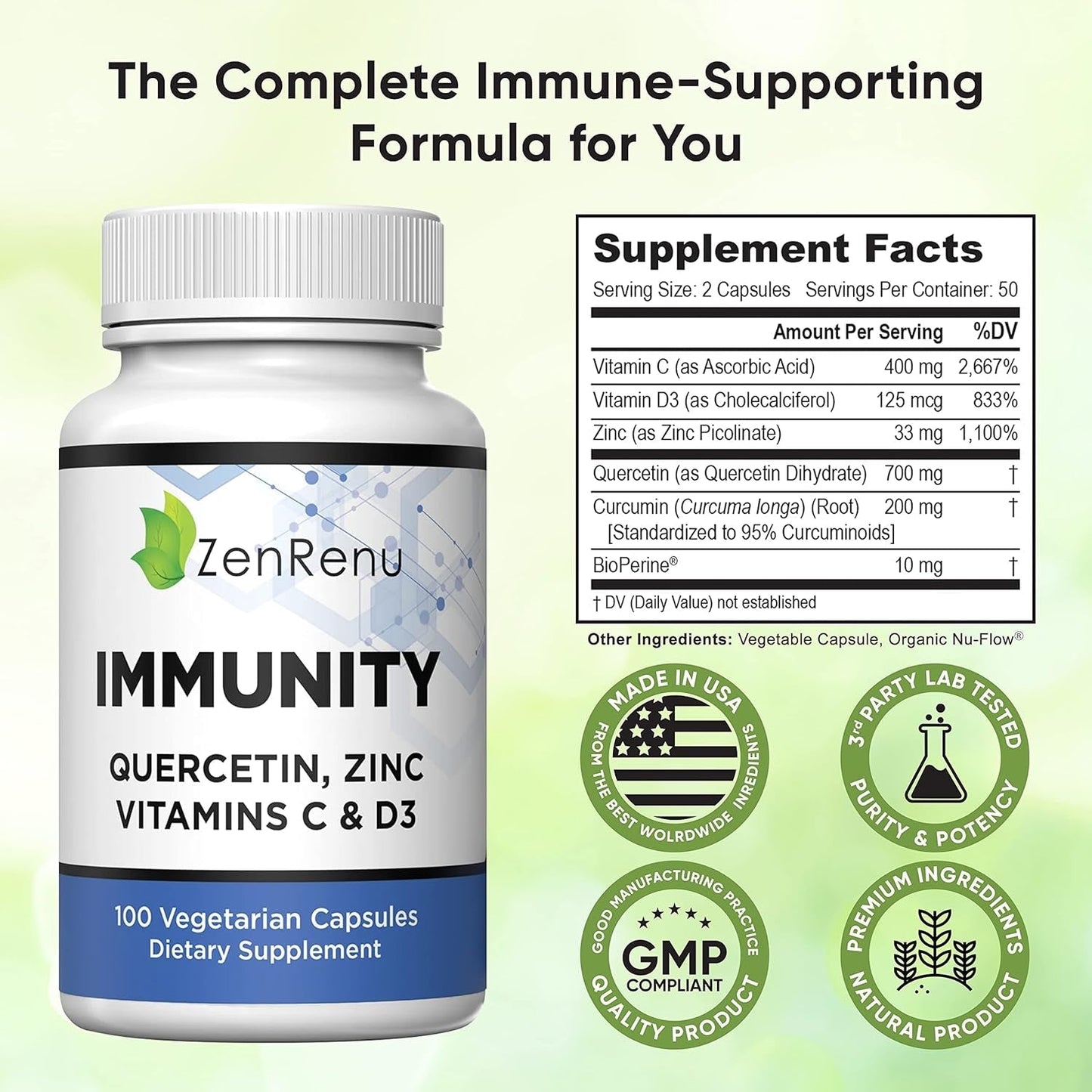 Zenrenu Immunity Quercetin 700 Mg Zinc Vitamin C Vitamin D Immune Support Supplement with Curcumin 50 Day Supply