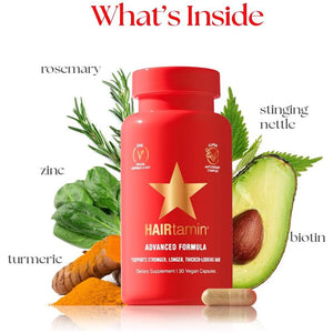 Hairtamin Advanced Hair & Scalp Serum Pack | All-Natural Vegan Biotin Capsules & Serum Sample for Hair, Skin & Nail Growth