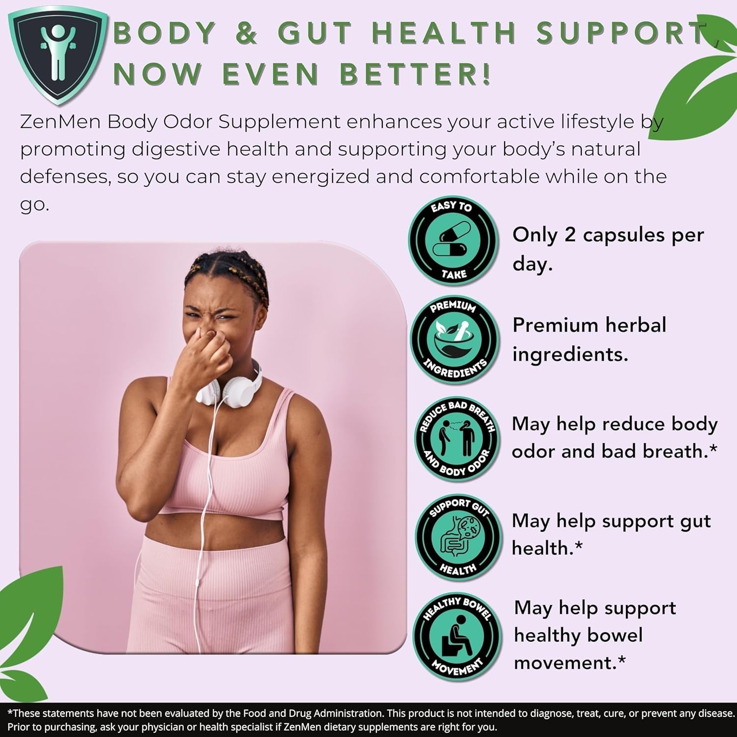 Natural Body Odor Eliminator Pills - Chlorophyll with Zinc, Champignon, Psyllium Fiber - 60 Vegan Capsules. Made in the USA