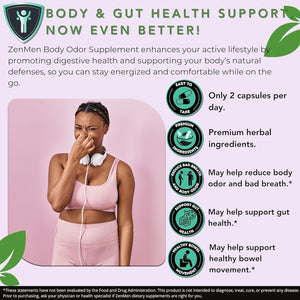 Natural Body Odor Eliminator Pills - Chlorophyll with Zinc, Champignon, Psyllium Fiber - 60 Vegan Capsules. Made in the USA