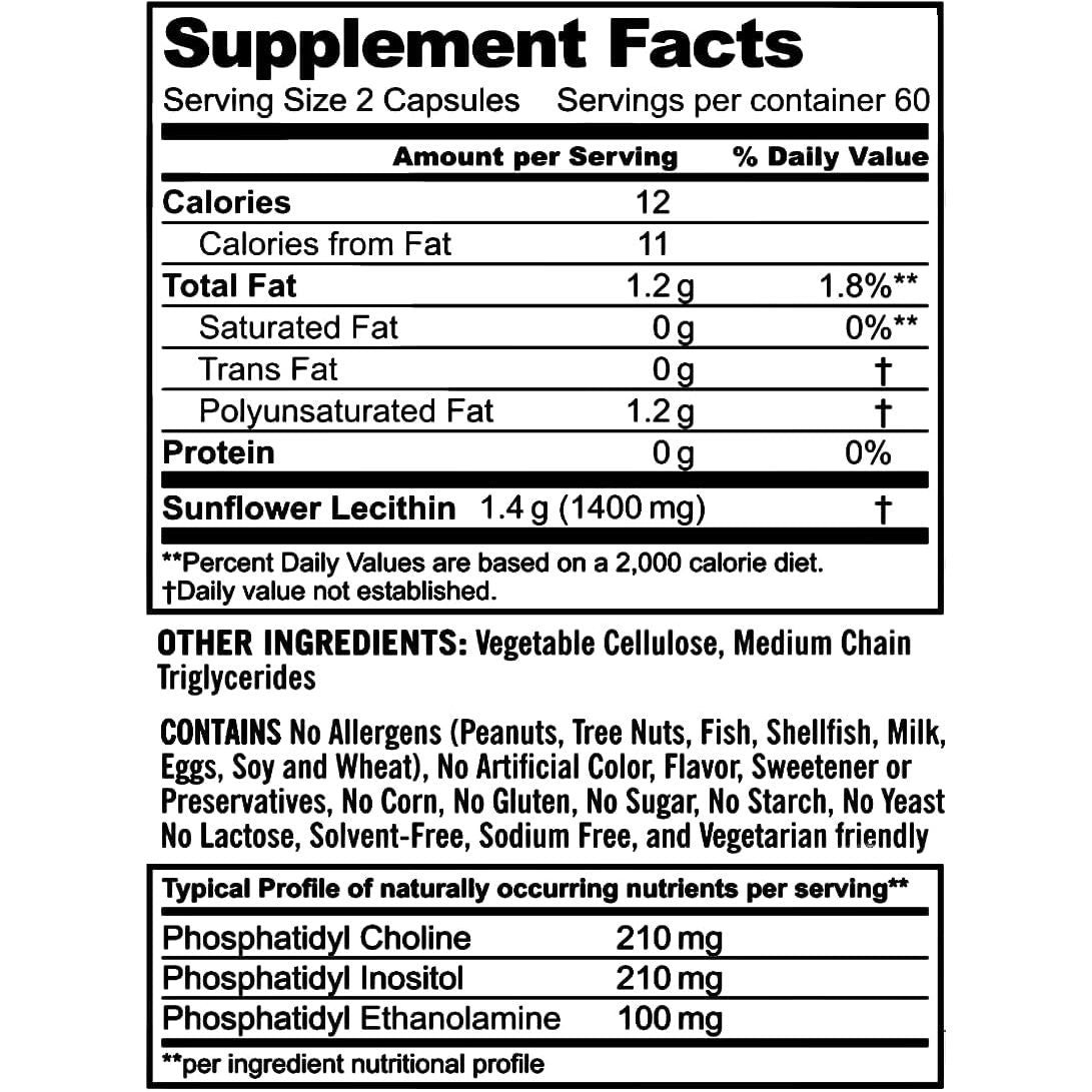 100% All - Natural Sunflower Lecithin Capsules - 120 Count - Rich in Phosphatidyl Choline - Cold Pressed (Solvent Free) - Suppviv