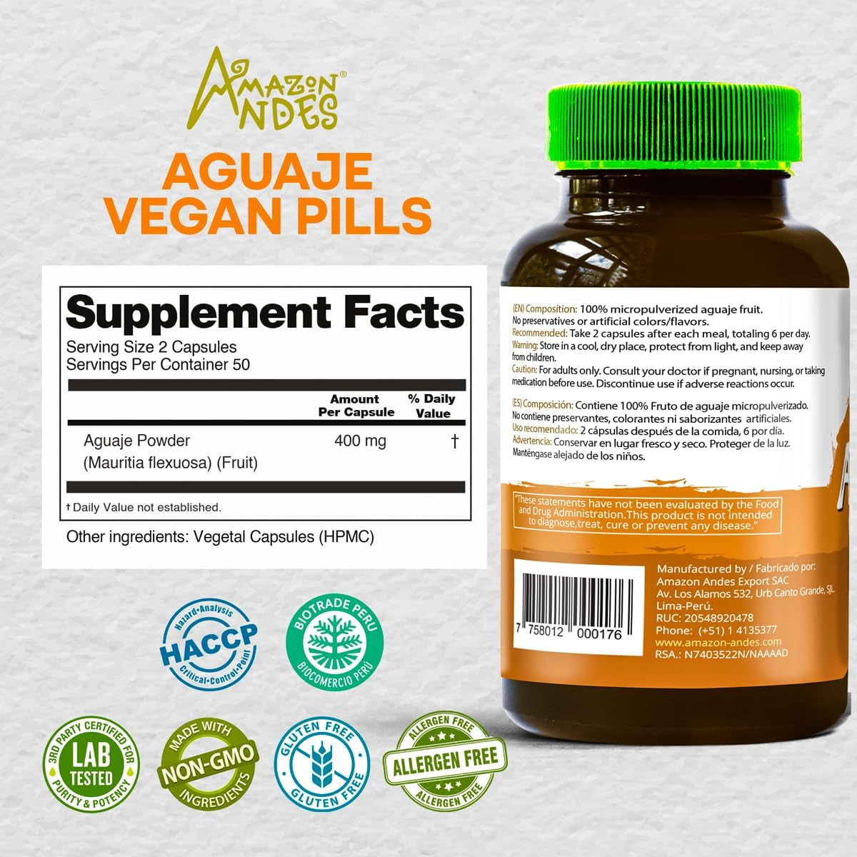 Amazon Andes Aguaje Capsules - Female Health Supporter and Hormone Balancer - 100 Pills (400Mg)