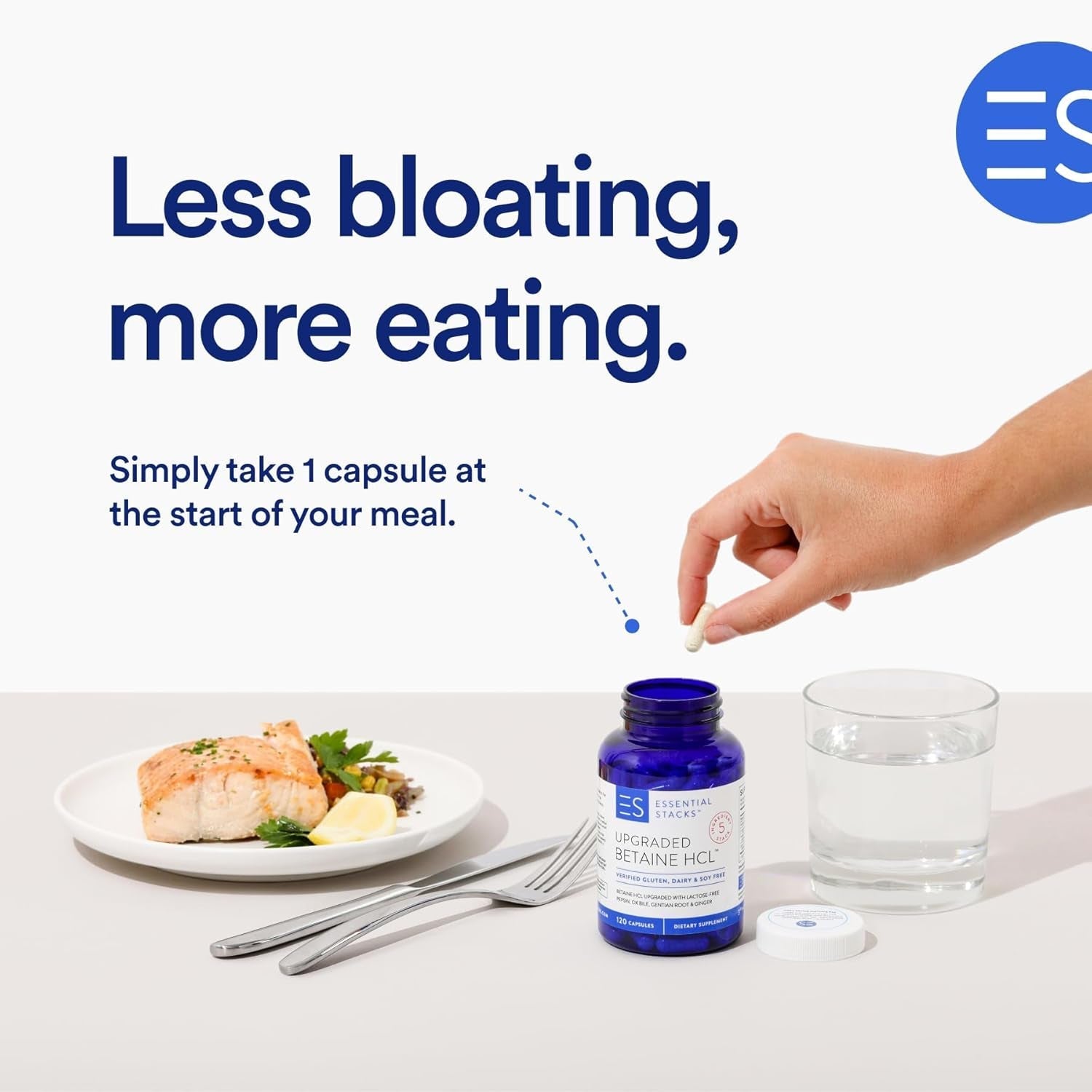 Essential Stacks Betaine HCL with Pepsin, Ox Bile, Organic Gentian & Ginger (120 Capsules)