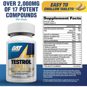GAT SPORT Testrol Gold ES, Tribulus, DIM, Zinc, Longjack, Fenugreek, Saw Palmetto for Estrogen Balance, 60 Tablets