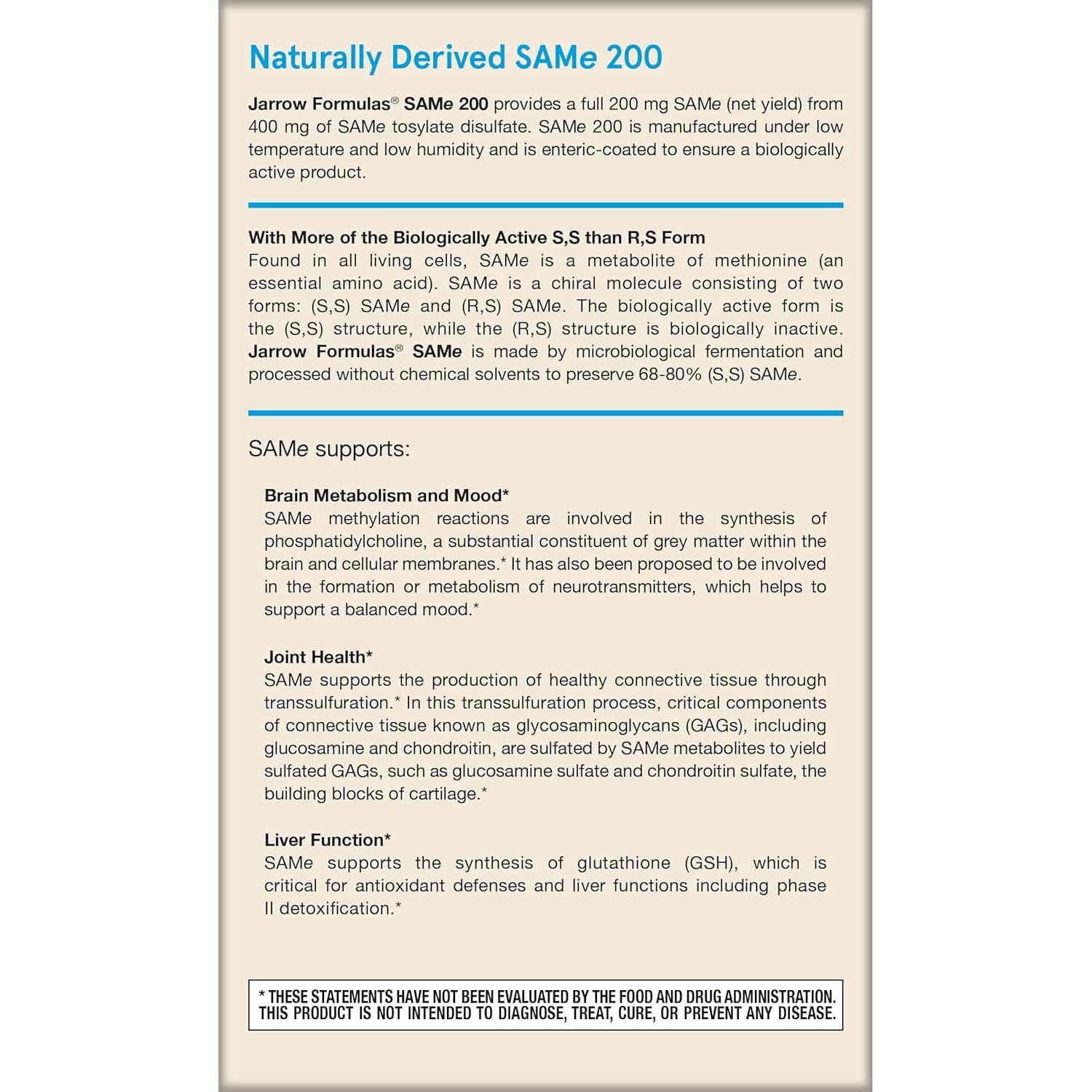 Jarrow Formulas® Same 200 Mg, Supports Joint Health, Liver Function, Brain Metabolism, 60 Tablets