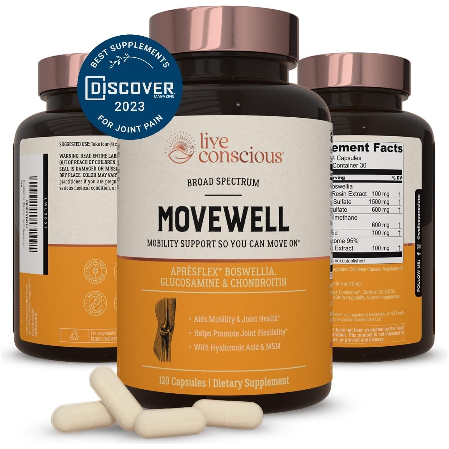 Live Conscious Glucosamine Chondroitin with MSM, Hyaluronic Acid, and More - Movewell Joint Health Supplement