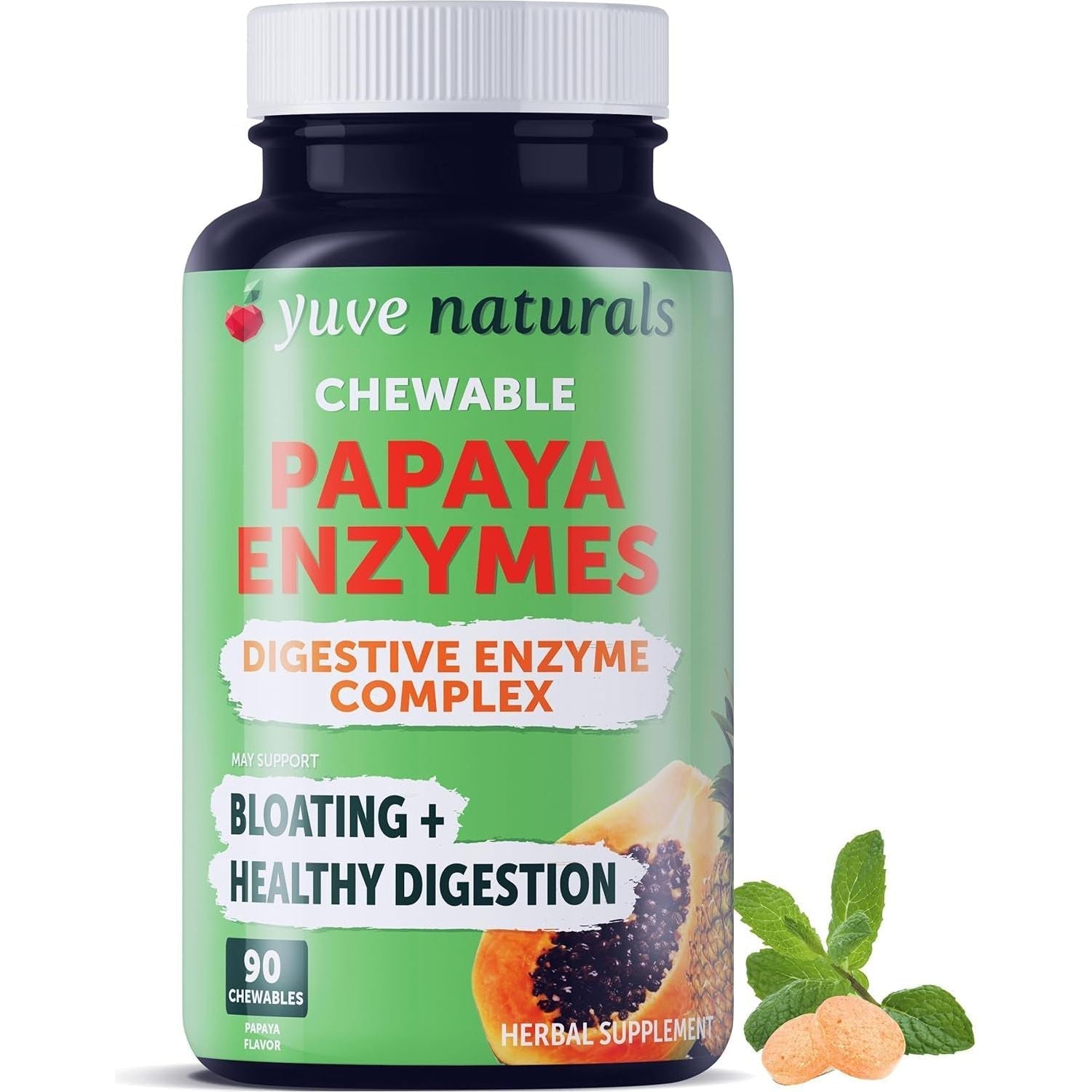 Yuve Natural Papaya Digestive Enzymes - Sugar-Free Chewable Candies - Promotes Better Digestion - 90Count