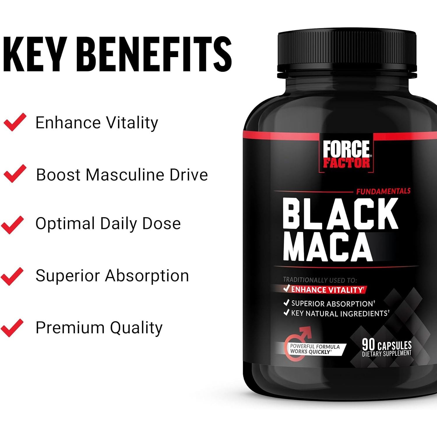 FORCE FACTOR Black Maca Root 1000Mg, Vitality Supplement for Men 90 Capsules