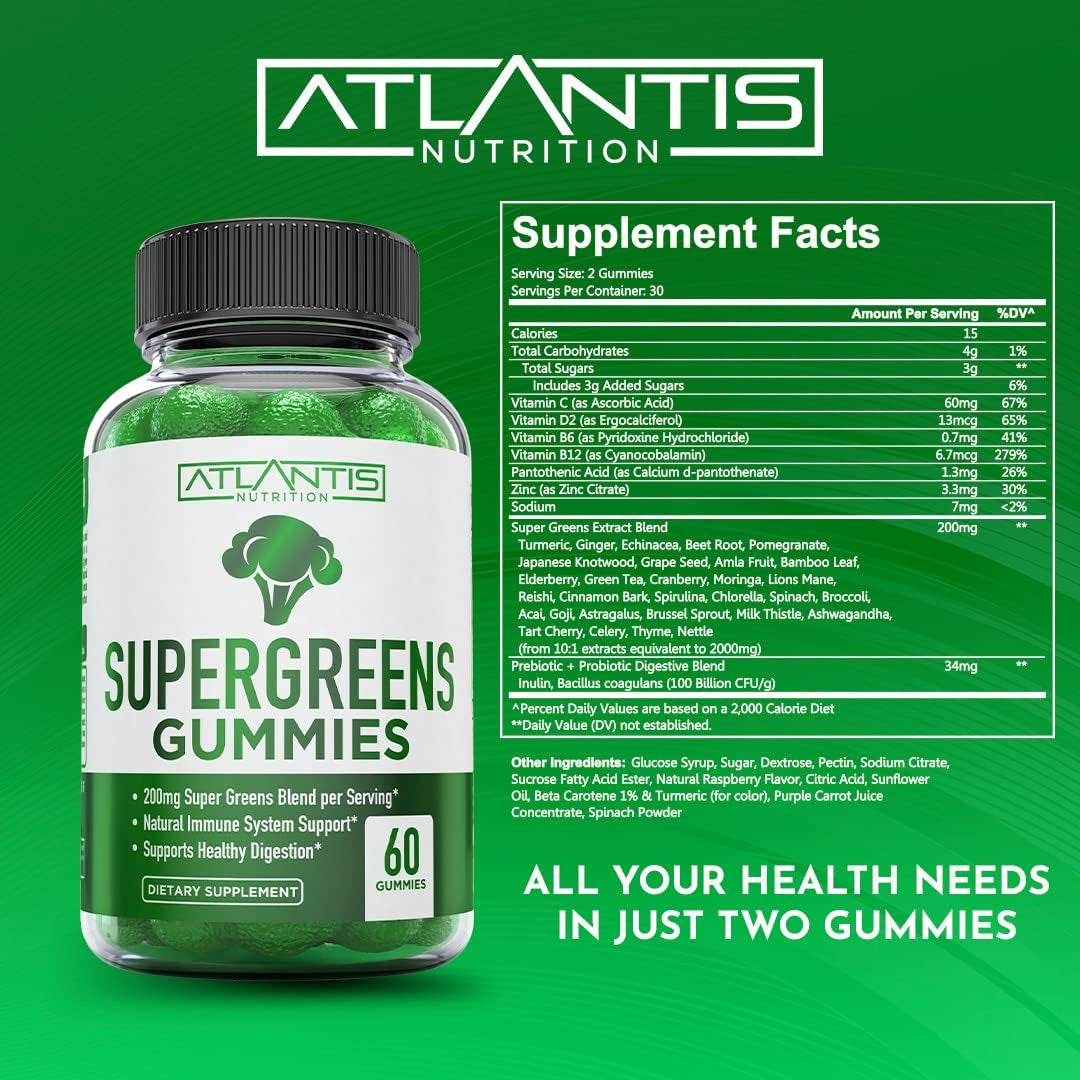 Atlantis Nutrition Supergreens Gummies - Daily Green Superfoods Supplement - Natural Raspberry Flavor, 60 Count