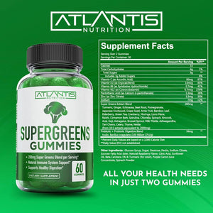 Atlantis Nutrition Supergreens Gummies - Daily Green Superfoods Supplement - Natural Raspberry Flavor, 60 Count