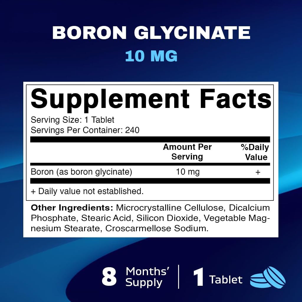 Vitamatic Chelated Boron (As Glycinate) 10Mg 240 Tablets - Supports Hormone Balance, Bone Health & Connective Tissue