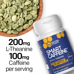 NATURAL STACKS Smart Caffeine Pills - 100Mg Caffeine + 200Mg L-Theanine Supplement 60 Capsules