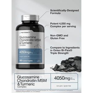 Horbäach Glucosamine Chondroitin with Turmeric & MSM | 4050 Mg | 180 Caplets | Triple Strength Formula