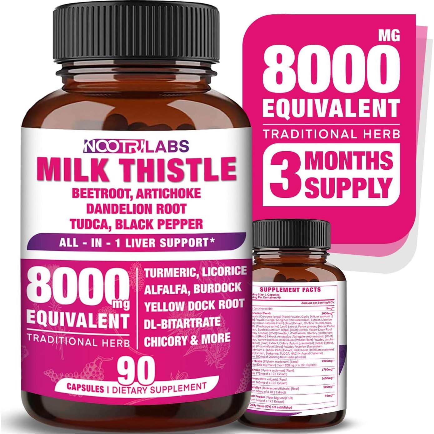 All-In-1 8000Mg Highest Potency Milk Thistle NAC Beetroot Artichoke Dandelion Root - Liver Cleanse Detox & Repair 90 Vegan Capsules