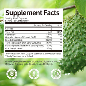 Soursop Graviola Capsules with Kelp, for Cell Regeneration, Enhances Immunity, Digestive Support 120 Counts