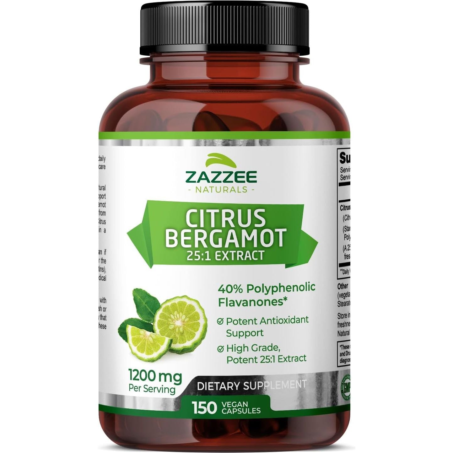 Zazzee Extra Strength Citrus Bergamot 25:1 Extract, 1200 Mg Per, 40% Polyphenolic Flavanones, 150 Vegan Capsules Made in the USA