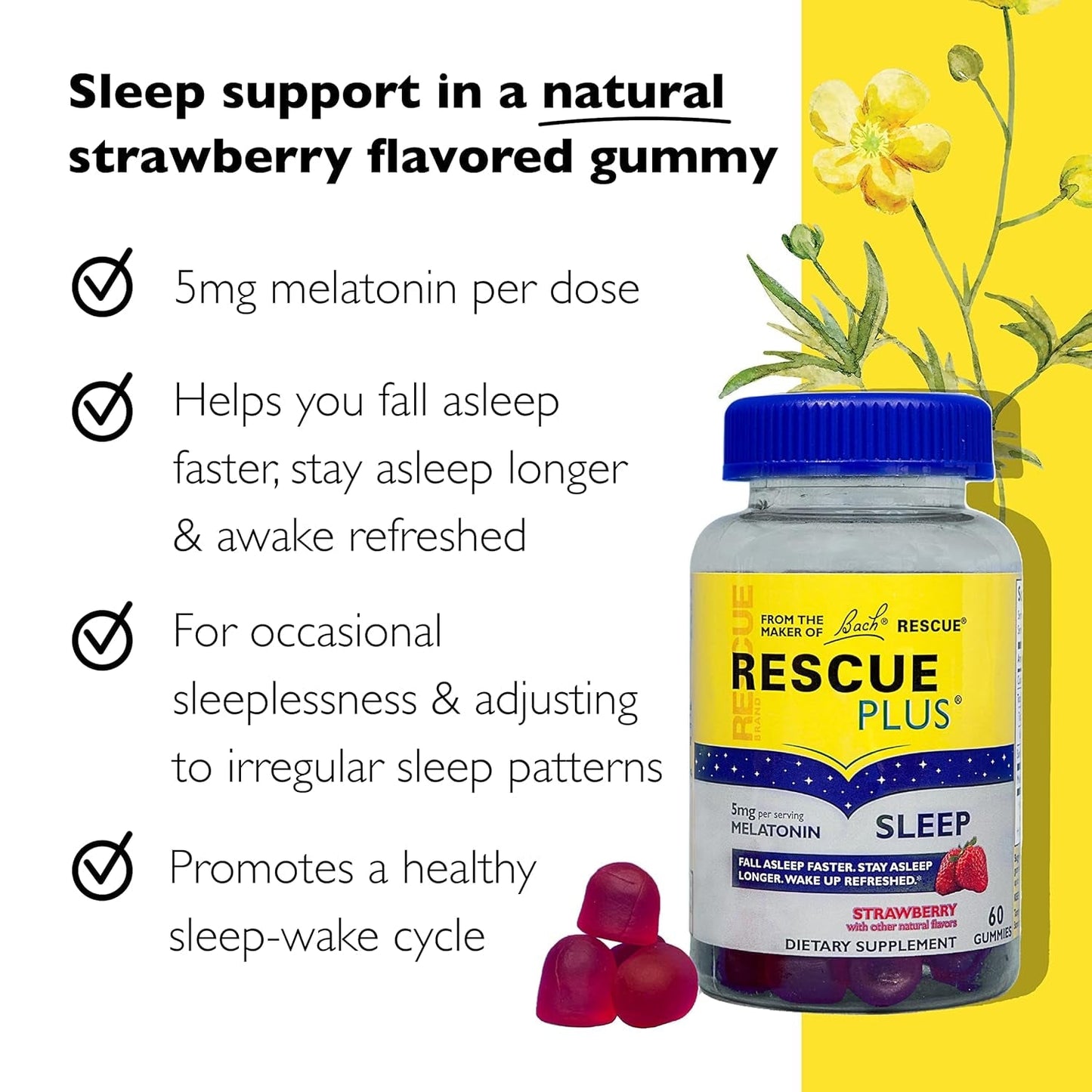 Bach RESCUE plus Melatonin Sleep Gummies Natural Strawberry Flavor 60 Count