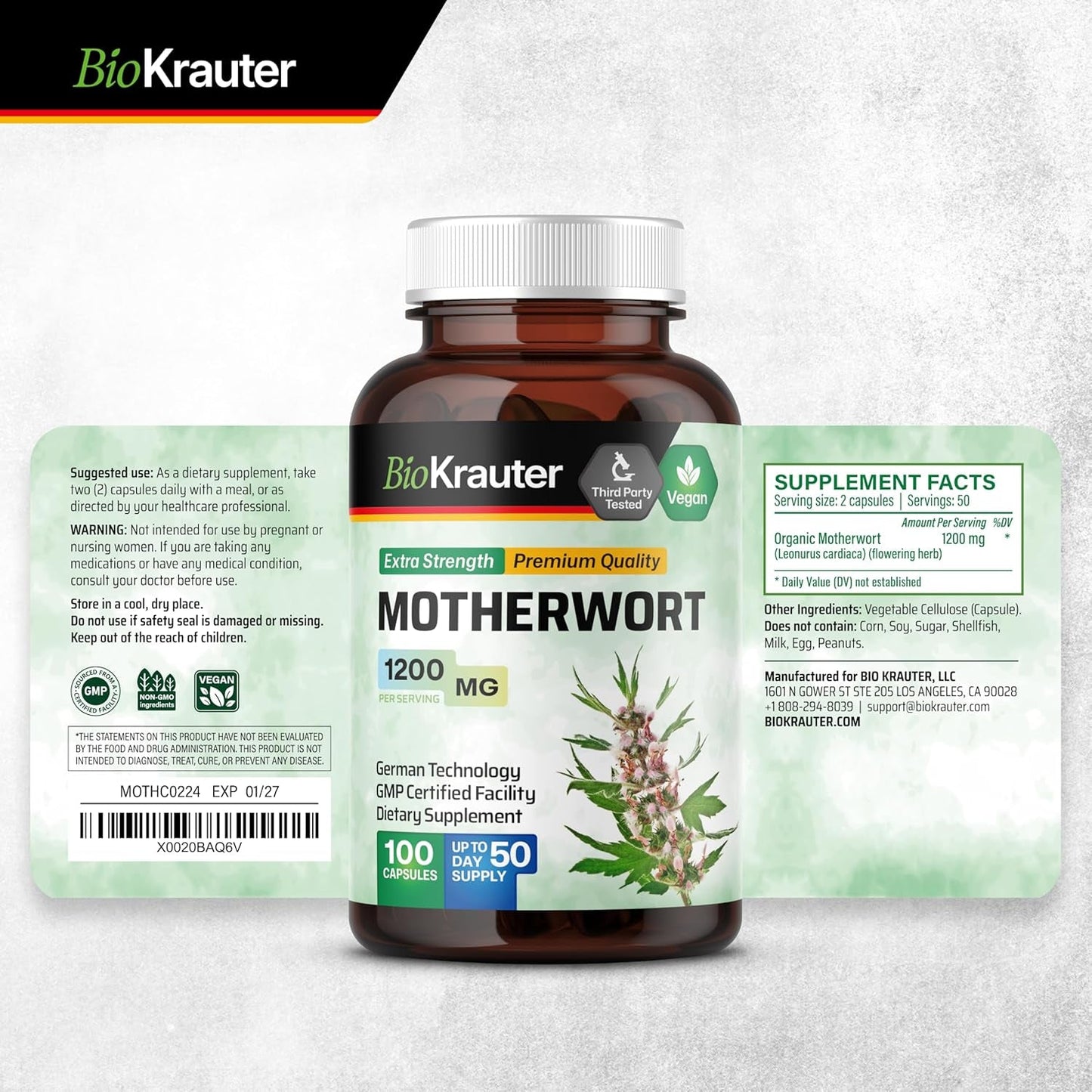 BIO KRAUTER Motherwort Capsules 1200 Mg - 100 Count - Promote Relaxation - for Women