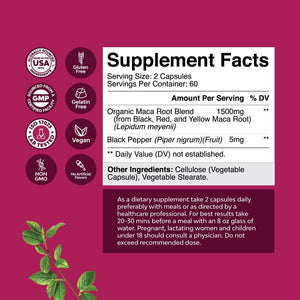Organic Maca Root Capsules for Women - Non-Gmo Certified Vegan and Gluten-Free - 120Ct